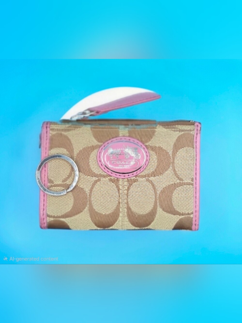 Coach Small Signature Card Holder with Pink Trim and Key Ring